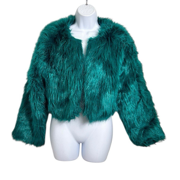 Shein Shaggy Teal Faux Fur Jacket Sz Small Short Open Front Fashion - Picture 6 of 8